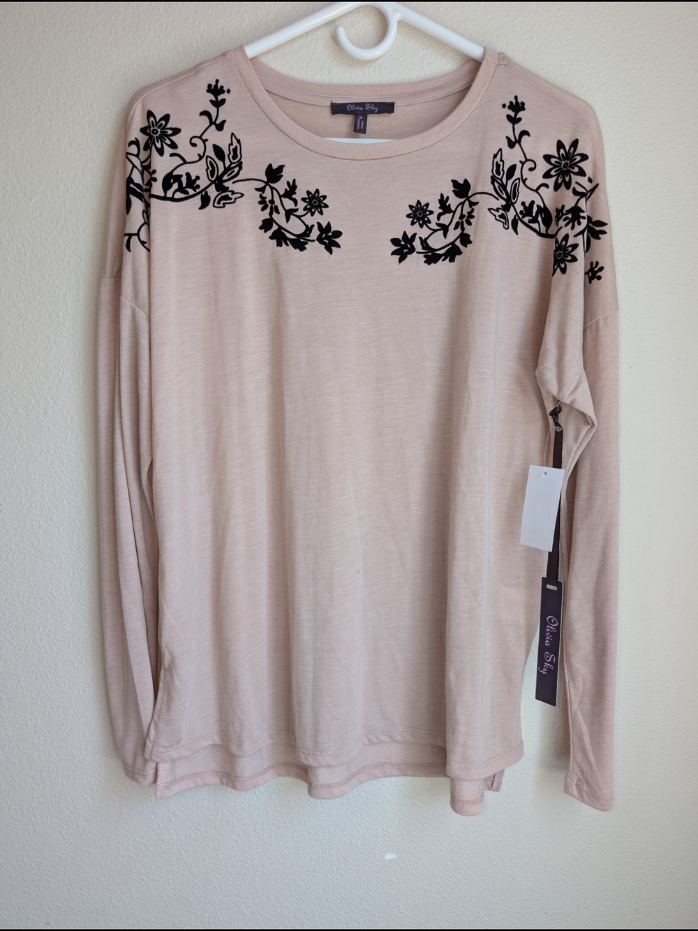 NWT Olivia Sky Blush Pink Long-Sleeve Floral Yoke Top Women's Size M